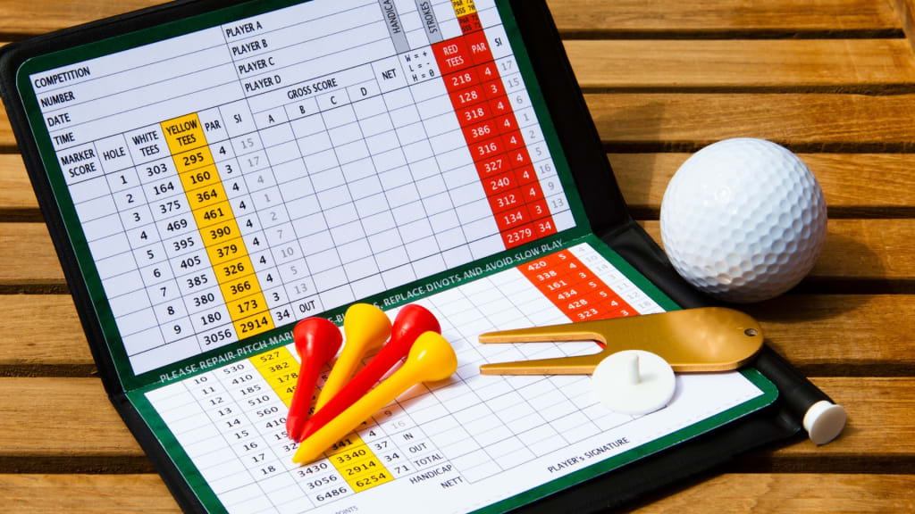 A golf scorecard, tees, divot tool, ball marker, and a white golf ball are arranged on a wooden surface, ready for your next round of golf scoring.